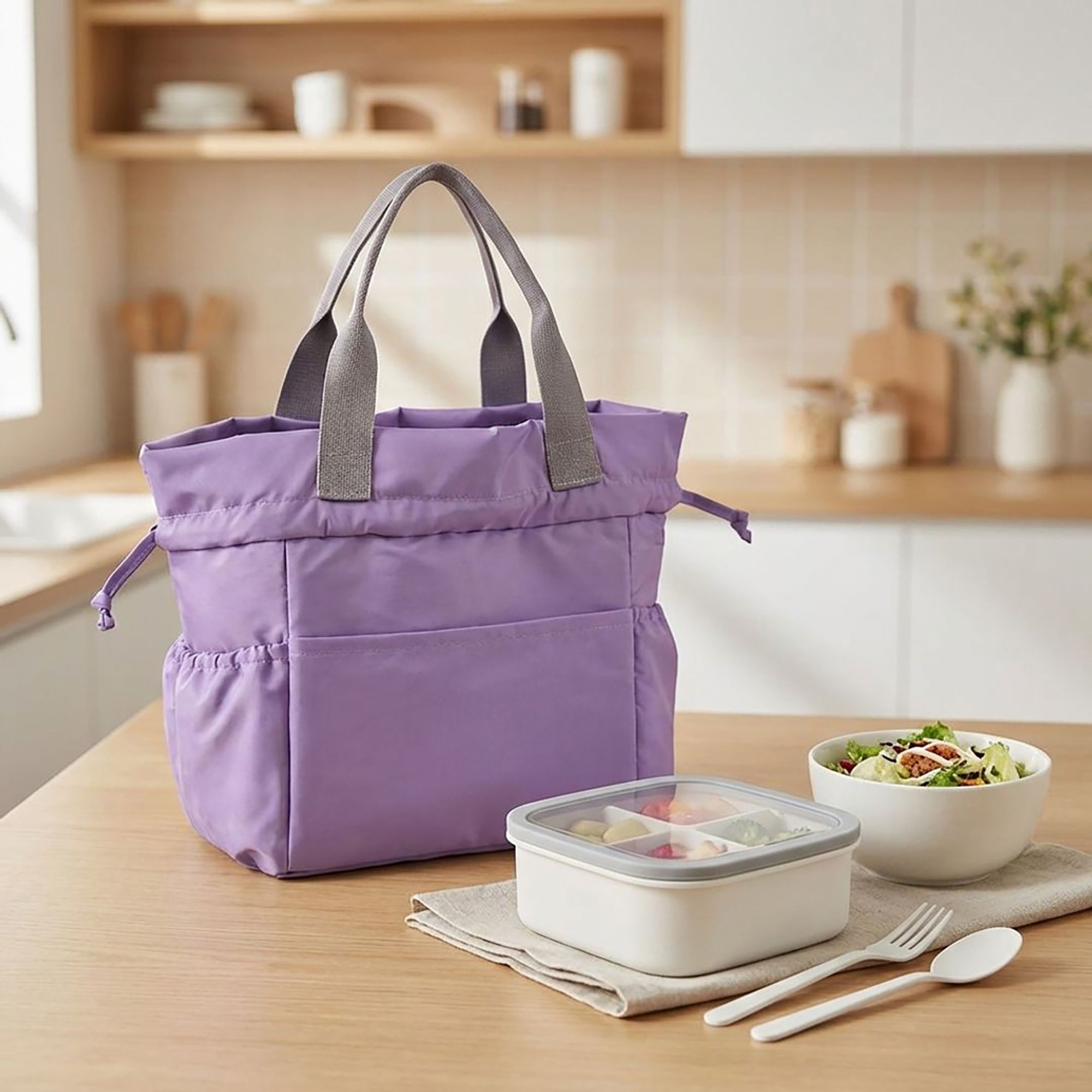 Anna-Kaci Reusable Lunch Bag with Drawstring Closure and Front Pocket Lightweight Thermal Food Tote