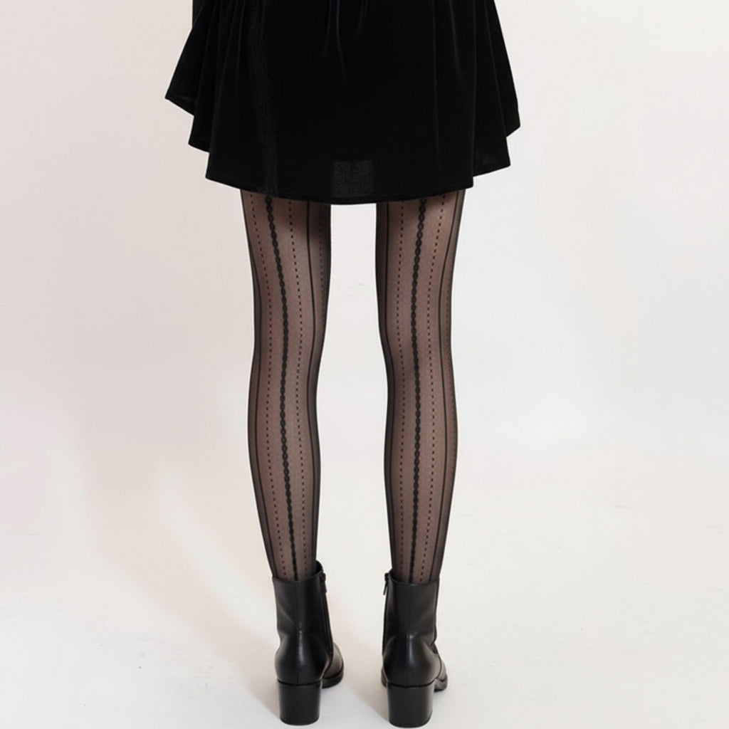 Anna-Kaci Women's Sheer Vertical Stripe Tights with Scalloped Pattern Detailing and Stretch Fit