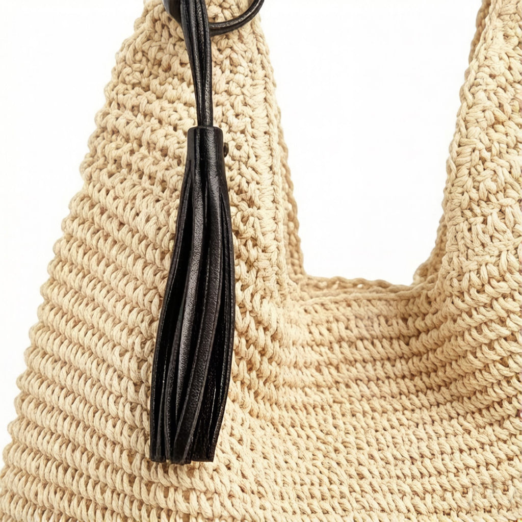 Woven Hobo Shoulder Bag with Magnetic Snap Closure and Tassel Accent