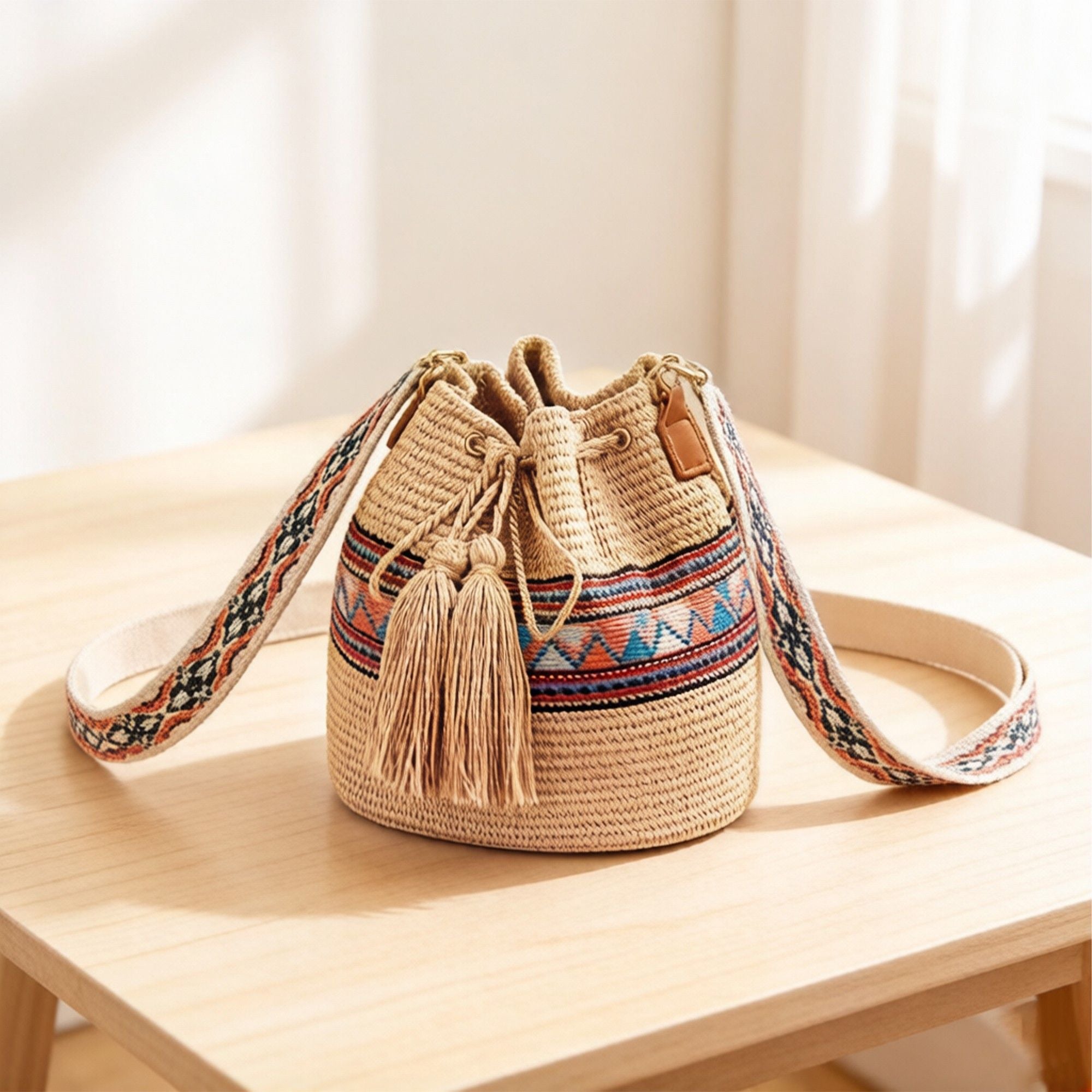 Woven Straw Bucket Bag with Pattern Strap Drawstring Closure Tassel Detail Crossbody Handbag