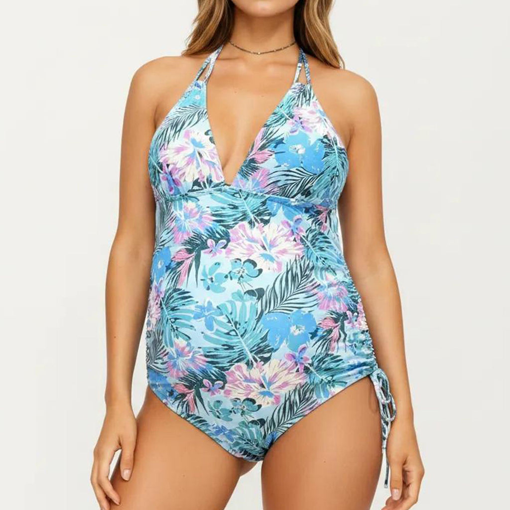 Anna-Kaci Swim Women's Maternity Floral Print One-Piece Swimsuit with Halter Neck and Side Tie Detail
