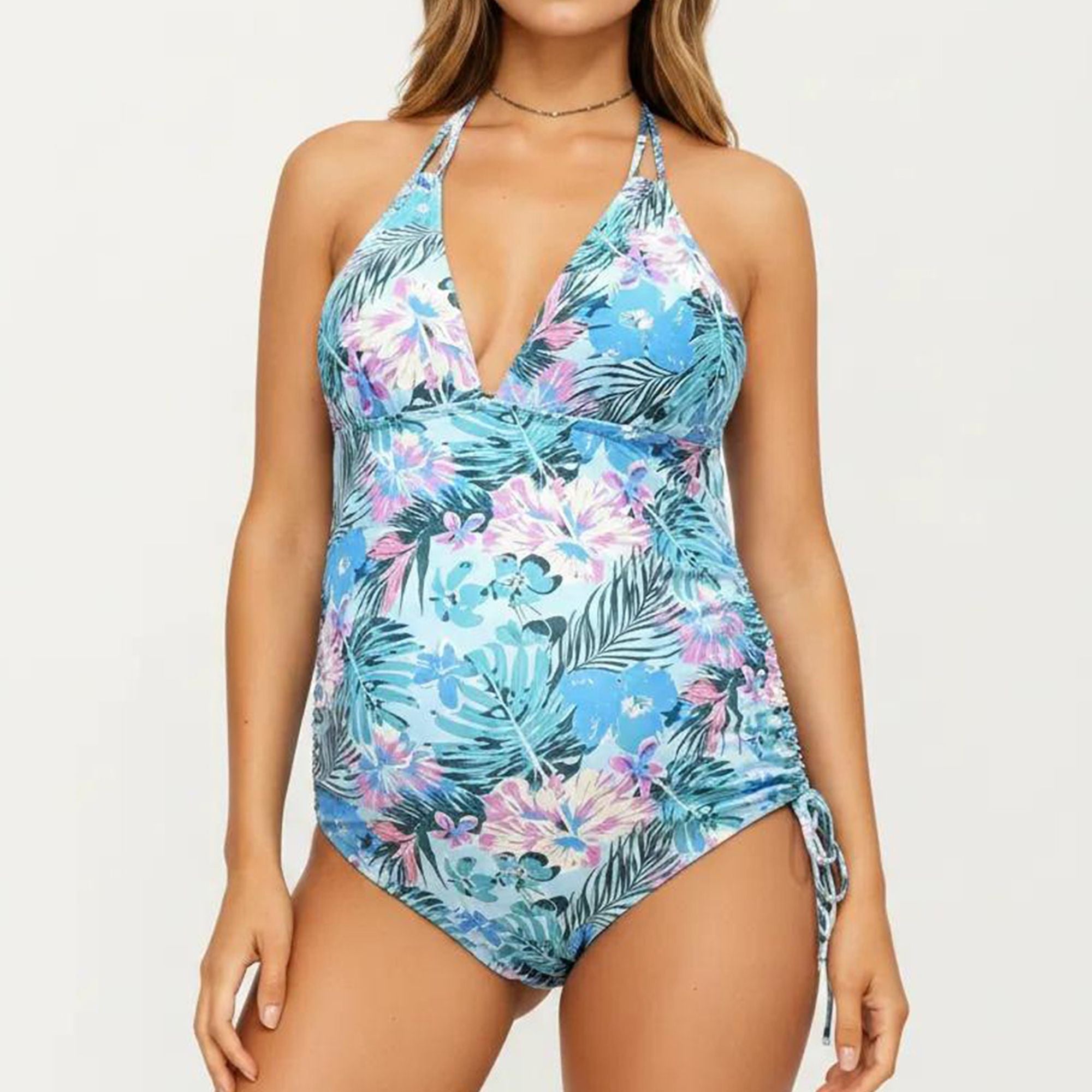 Anna-Kaci Swim Women's Maternity Floral Print One-Piece Swimsuit with Halter Neck and Side Tie Detail