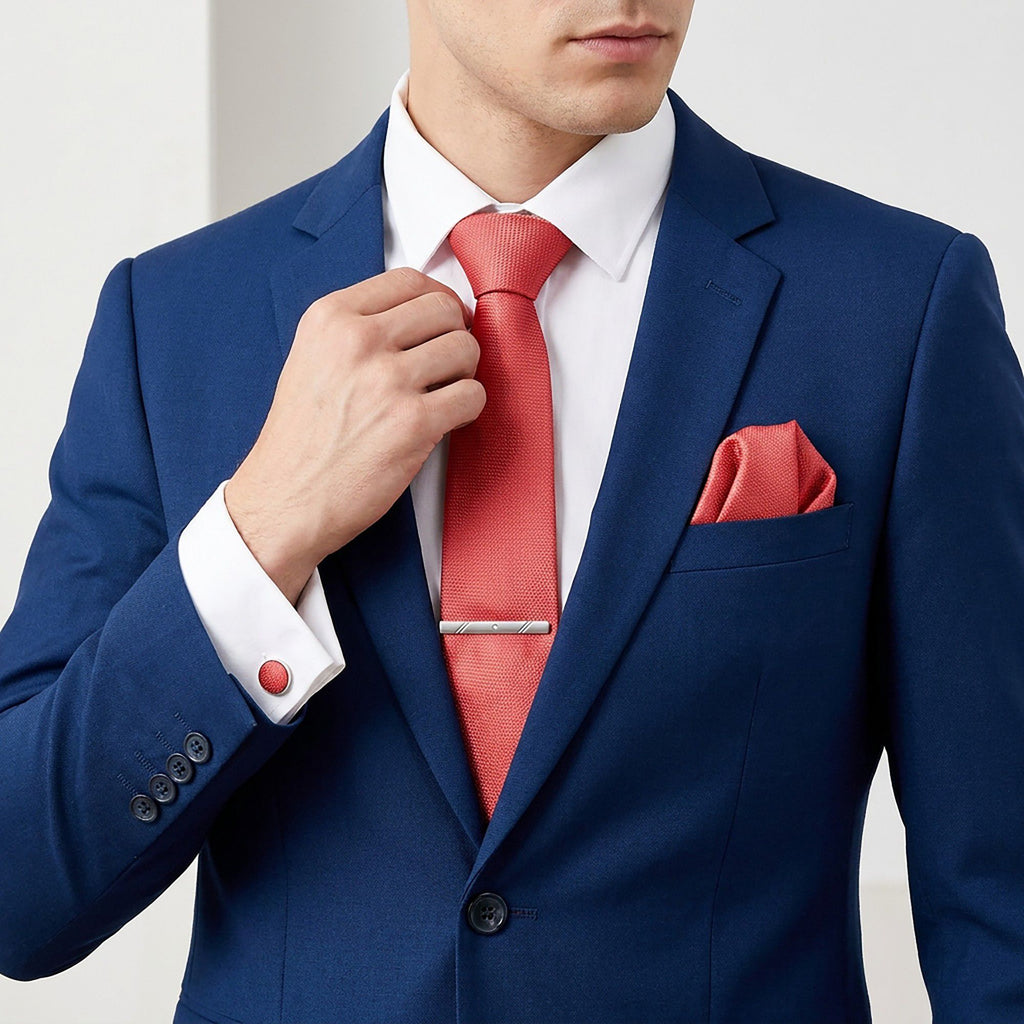 Men's Textured Solid Color Tie Gift Set with Matching Pocket Square Cufflinks and Silver Tie Clip
