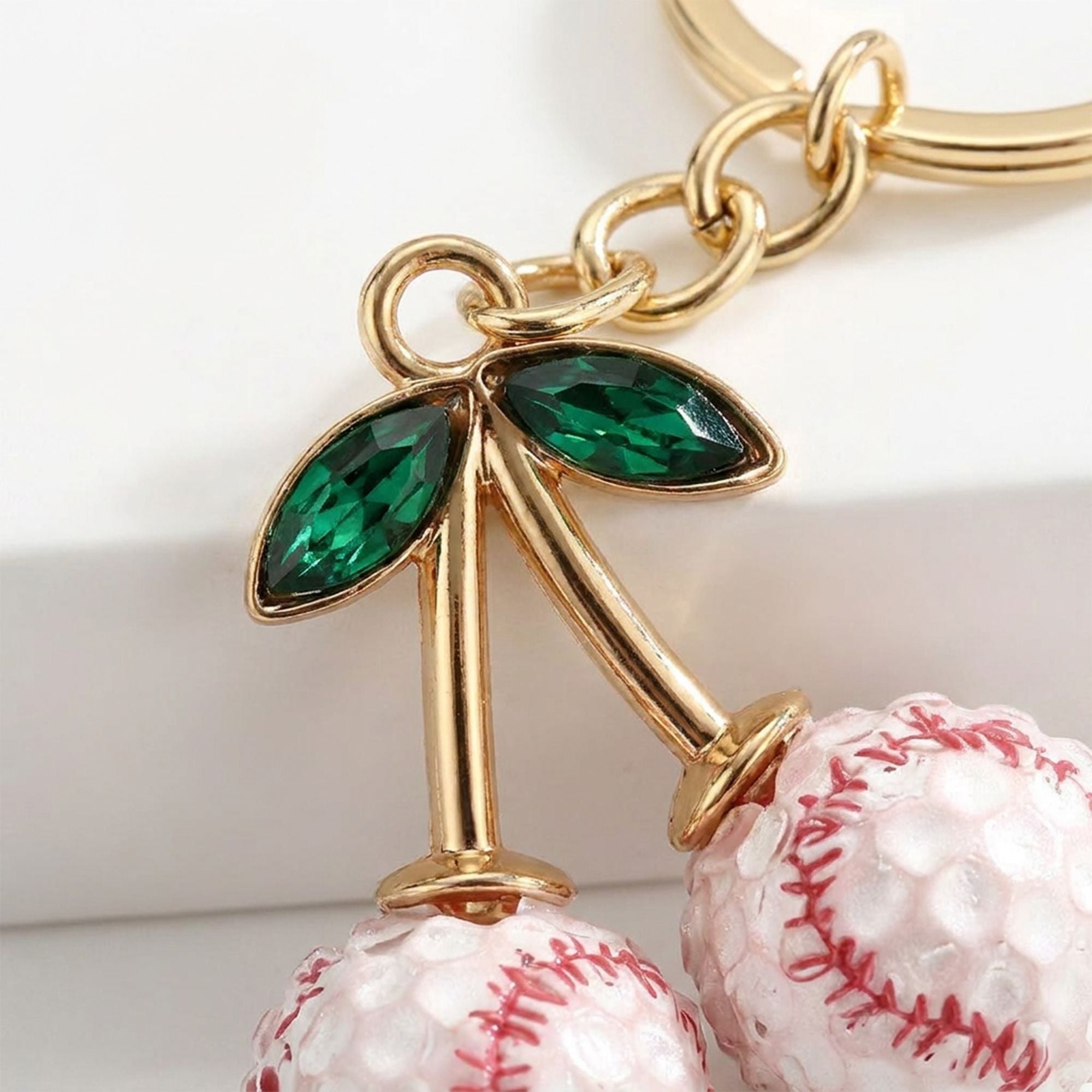 2 Pack Sports Ball Cherry Keychains with Gold Tone Clip and Leaf Charm