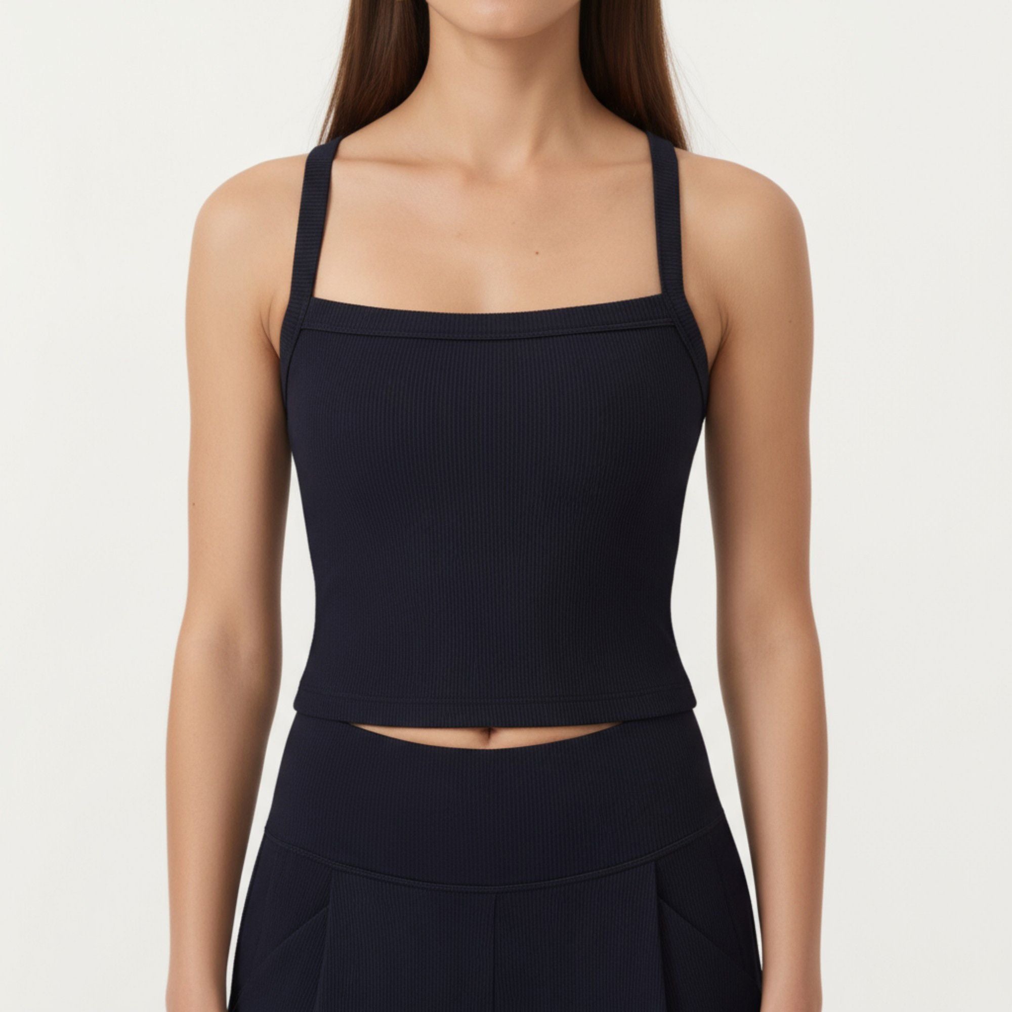 Anna-Kaci Active Women's Square Neck Ribbed Knit Cropped Tank Top with Wide Shoulder Straps