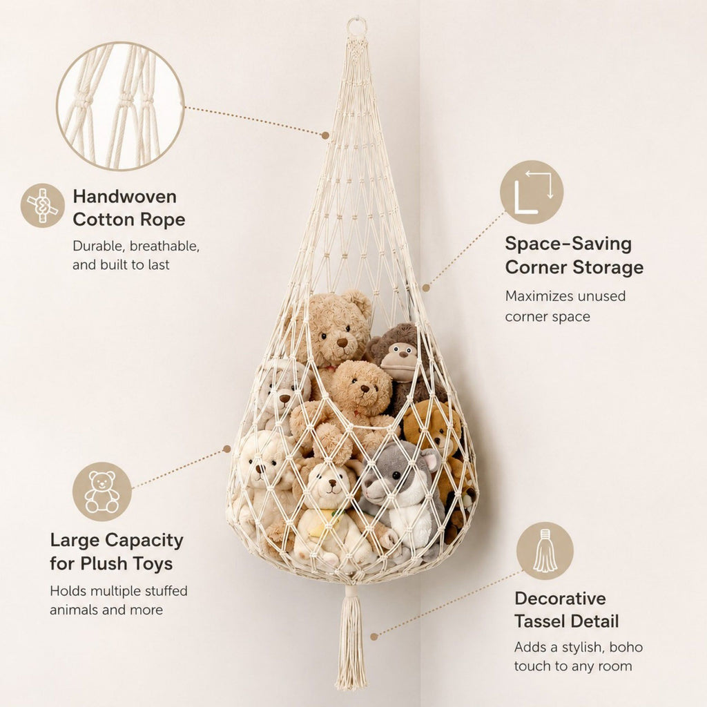 Macrame Hanging Stuffed Animal Storage Net Cotton Rope Corner Organizer
