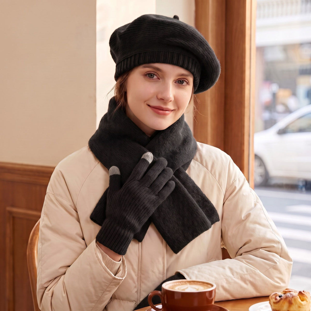 3 Piece Beret Scarf and Touchscreen Gloves Winter Set