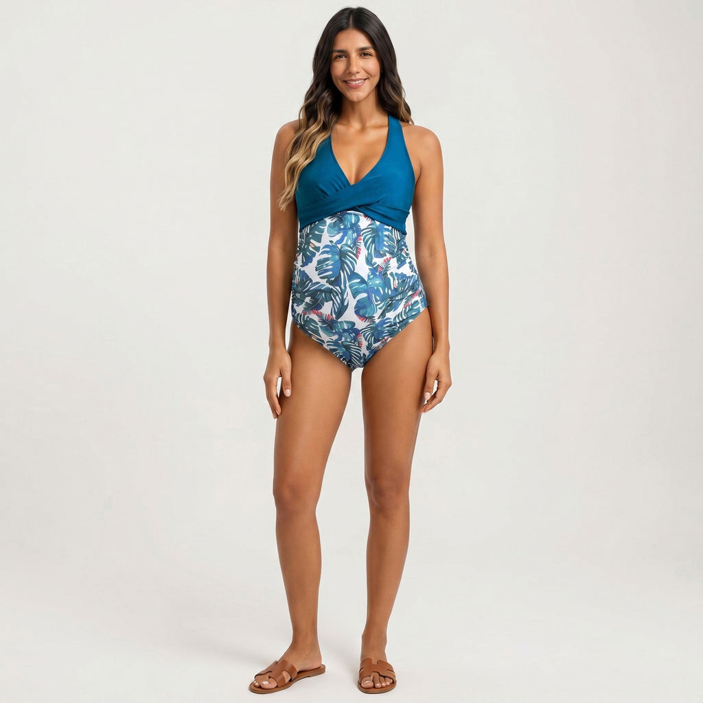 Anna-Kaci Swim Women's Maternity One-Piece Swimsuit with Twist Front and Tropical Leaf Print