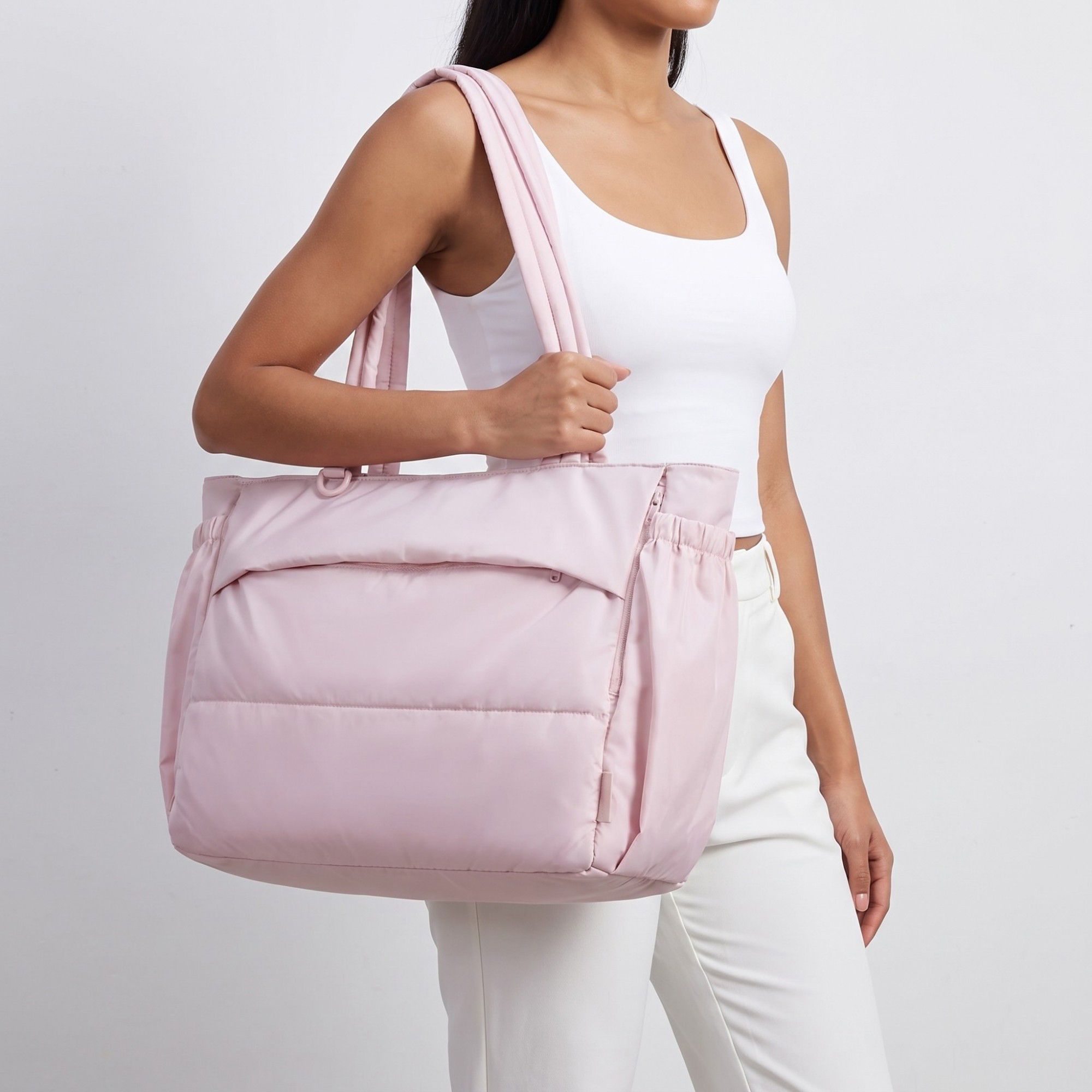 Oversized Padded Tote Bag with Multi Outer Pockets and Long Padded Shoulder Straps 16.5x6.1x13in