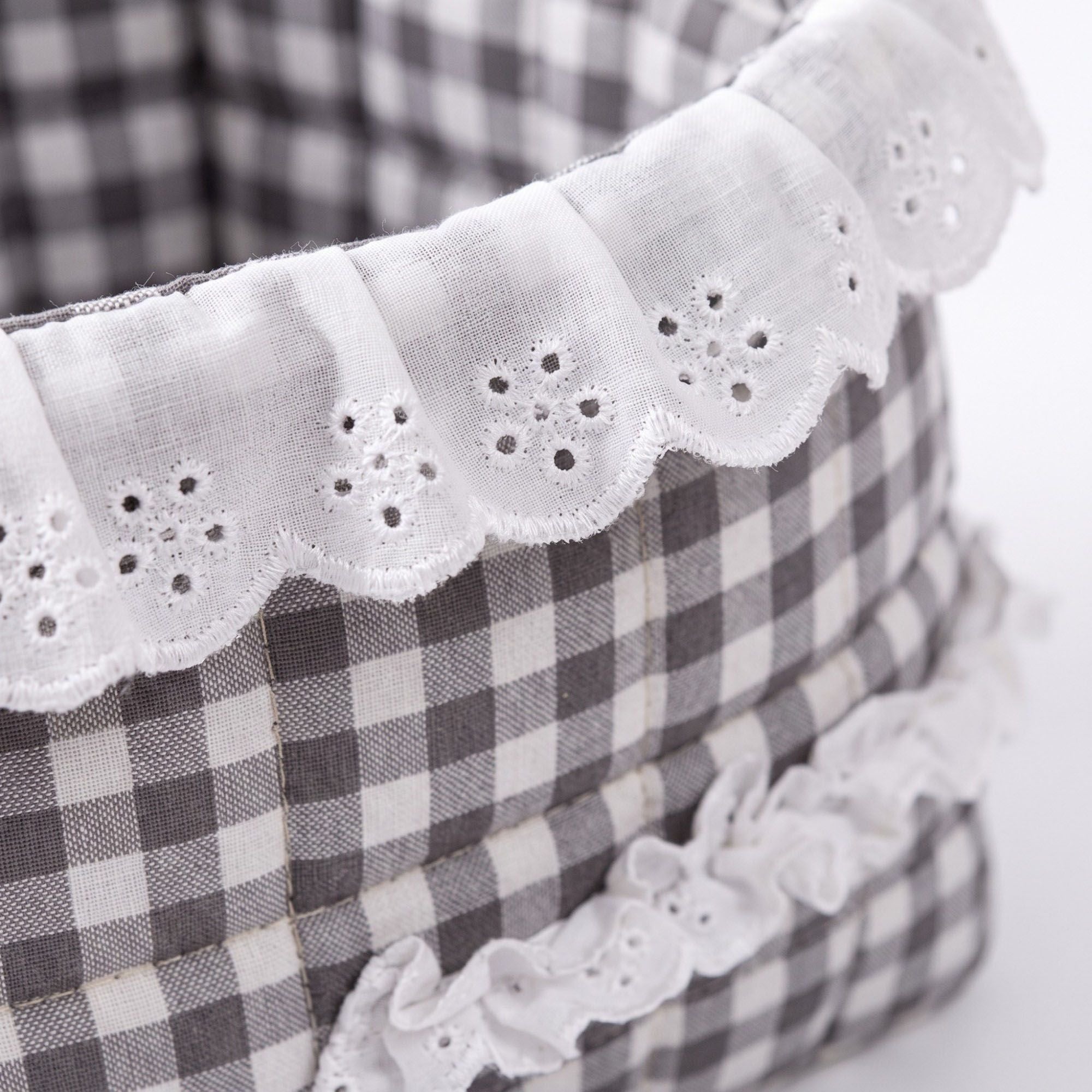 Quilted Gingham Fabric Storage Basket with Lace Trim