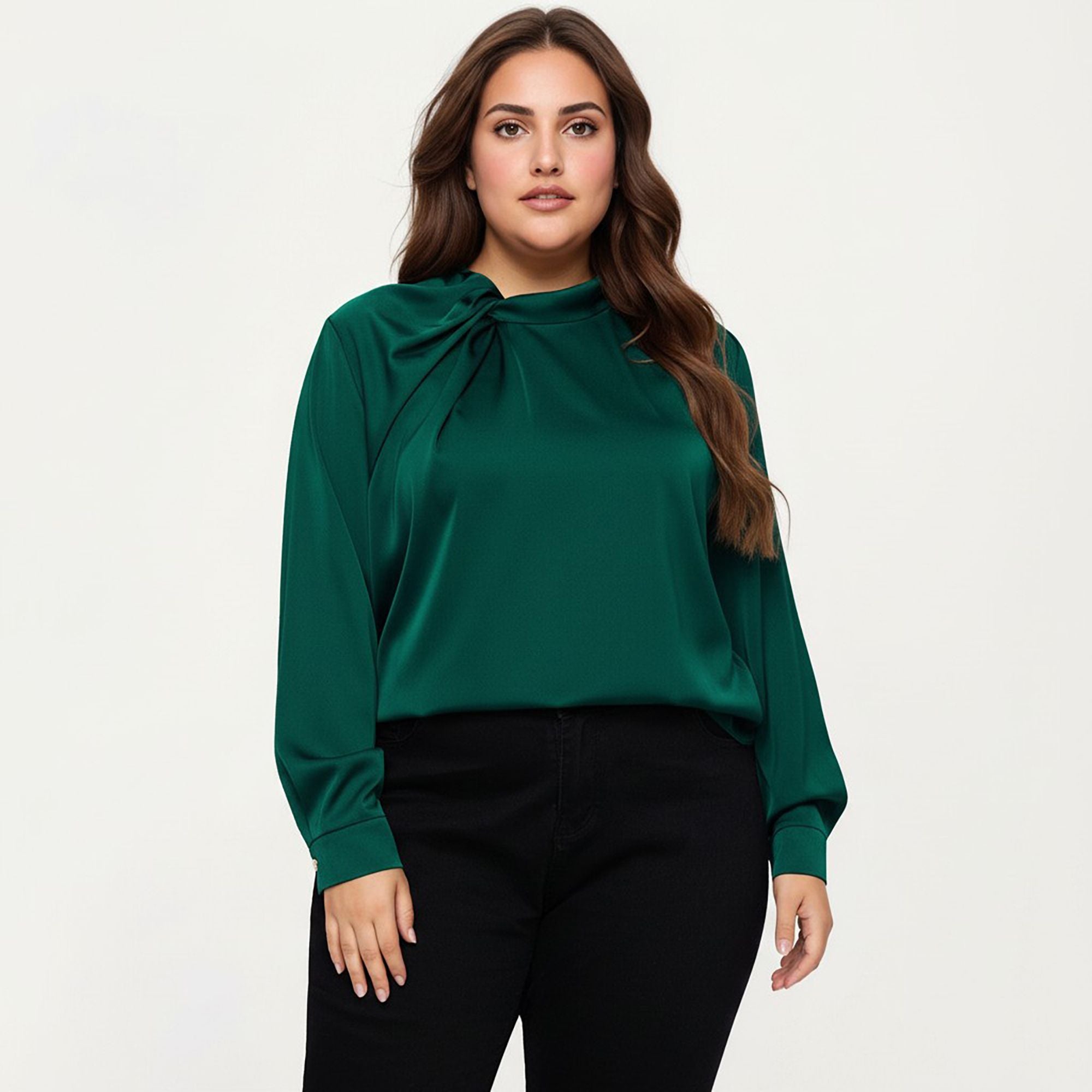 Anna-Kaci Women's Plus Size Long Sleeve Blouse with Tie Neck Detail Relaxed Fit Silky Smooth Fabric