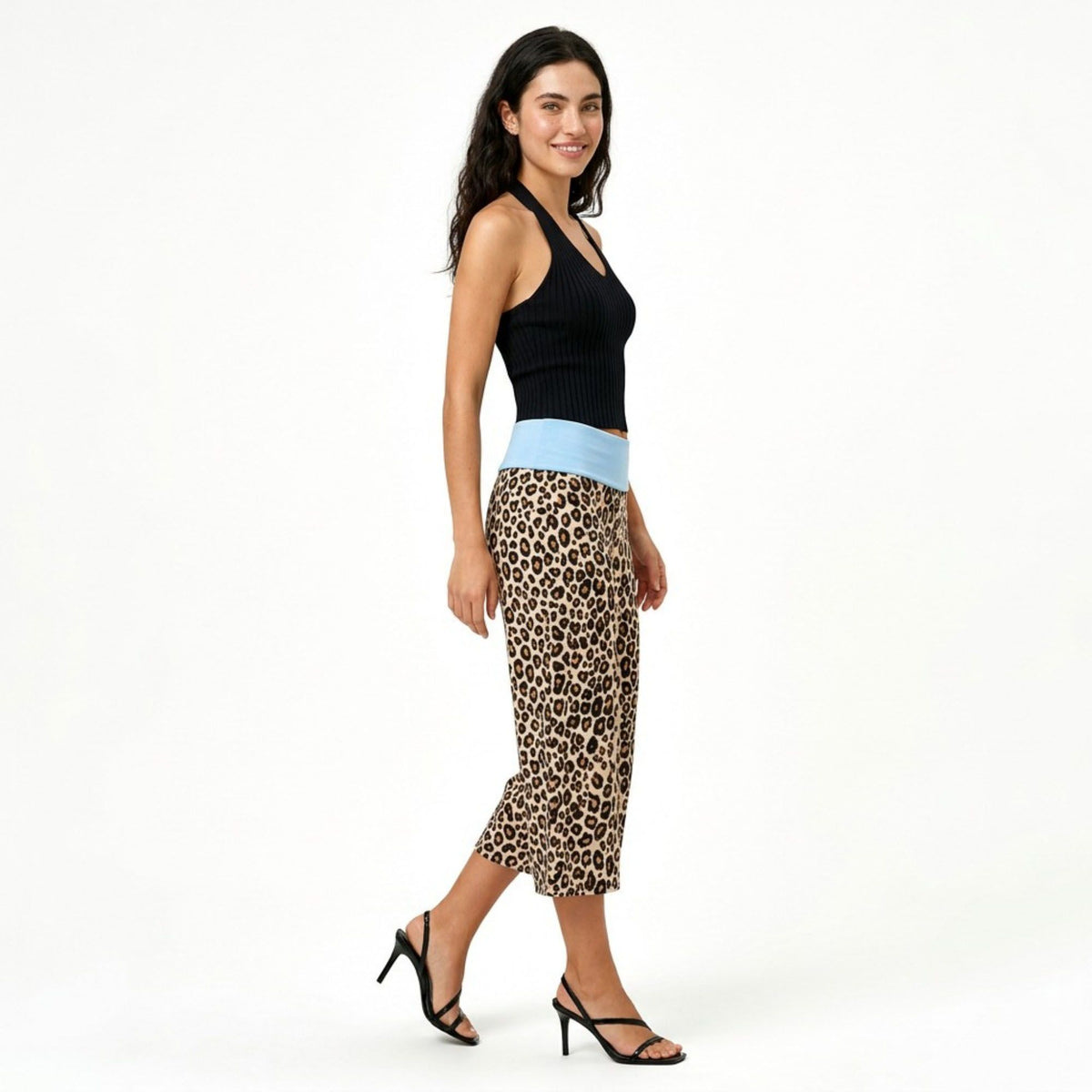 Contrast Foldover Waistband Leopard Print Cropped Trousers