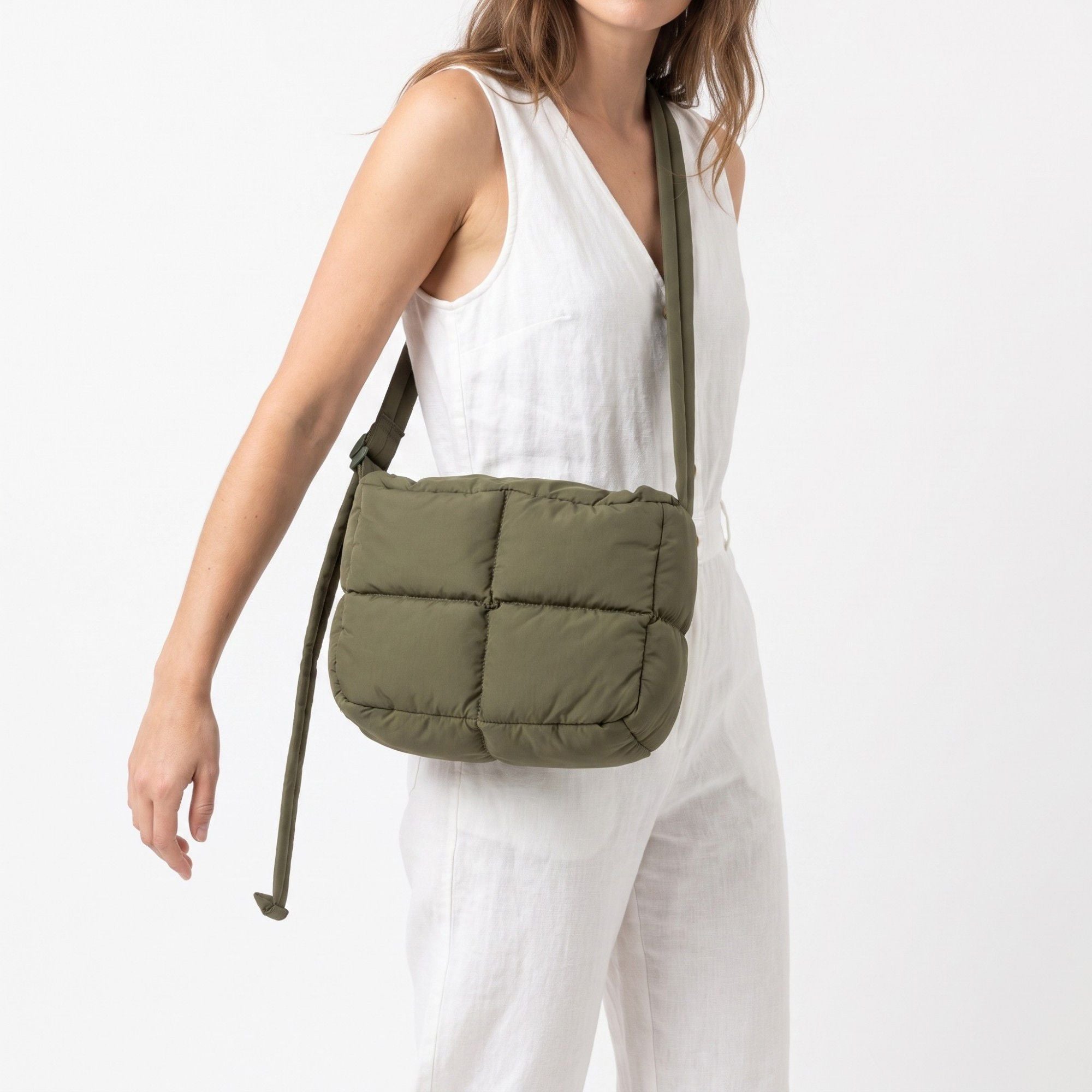 Grid Quilt Padded Rectangular Crossbody Bag with Adjustable Slim Shoulder Strap 9.8x7.9x3.5