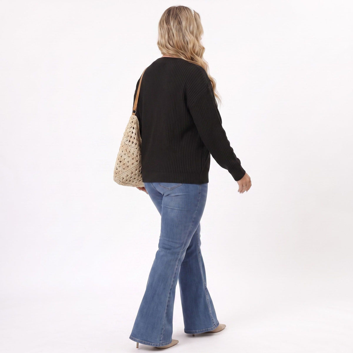 Plus Size Contrast Collar V-Neck Ribbed Sweater
