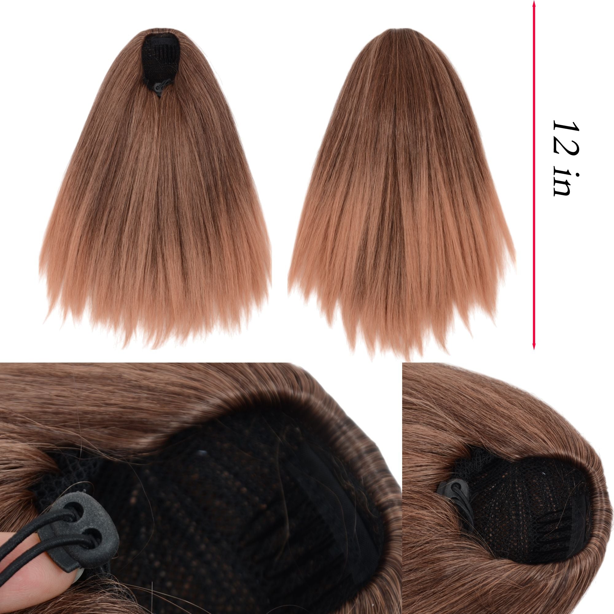12-Inch Yaki Straight Ponytail Extension Fluffy Thick Drawstring Synthetic Hairpiece with Adjustable Clips for Women