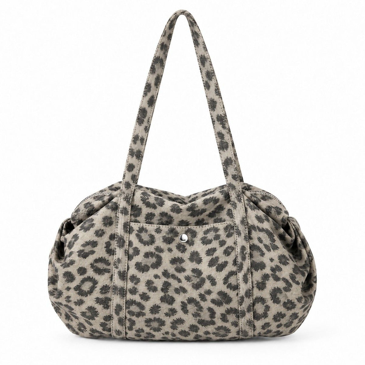 Leopard Print Barrel Shoulder Bag with Zip Closure and Interior Pockets