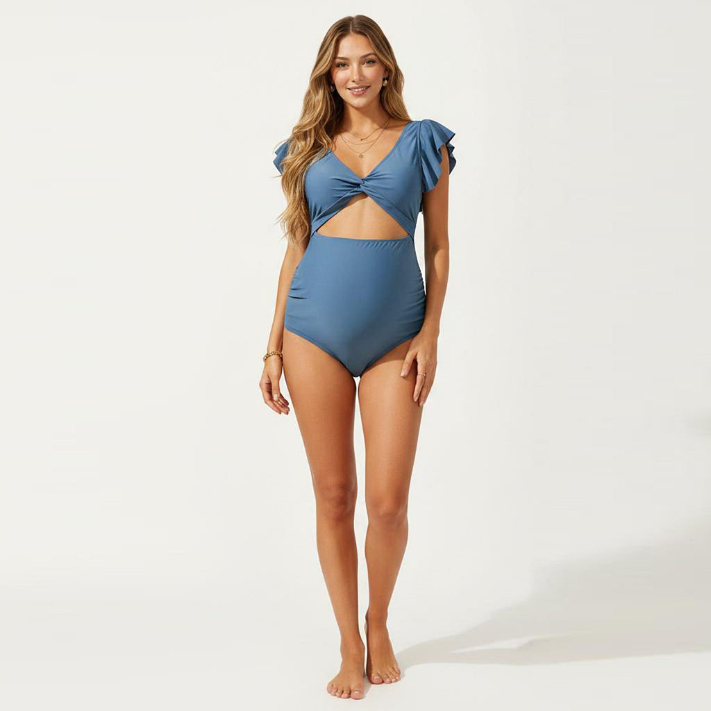 Anna-Kaci Swim Women's Maternity One-Piece Swimsuit with Ruffle Sleeves and Twist Front Detail