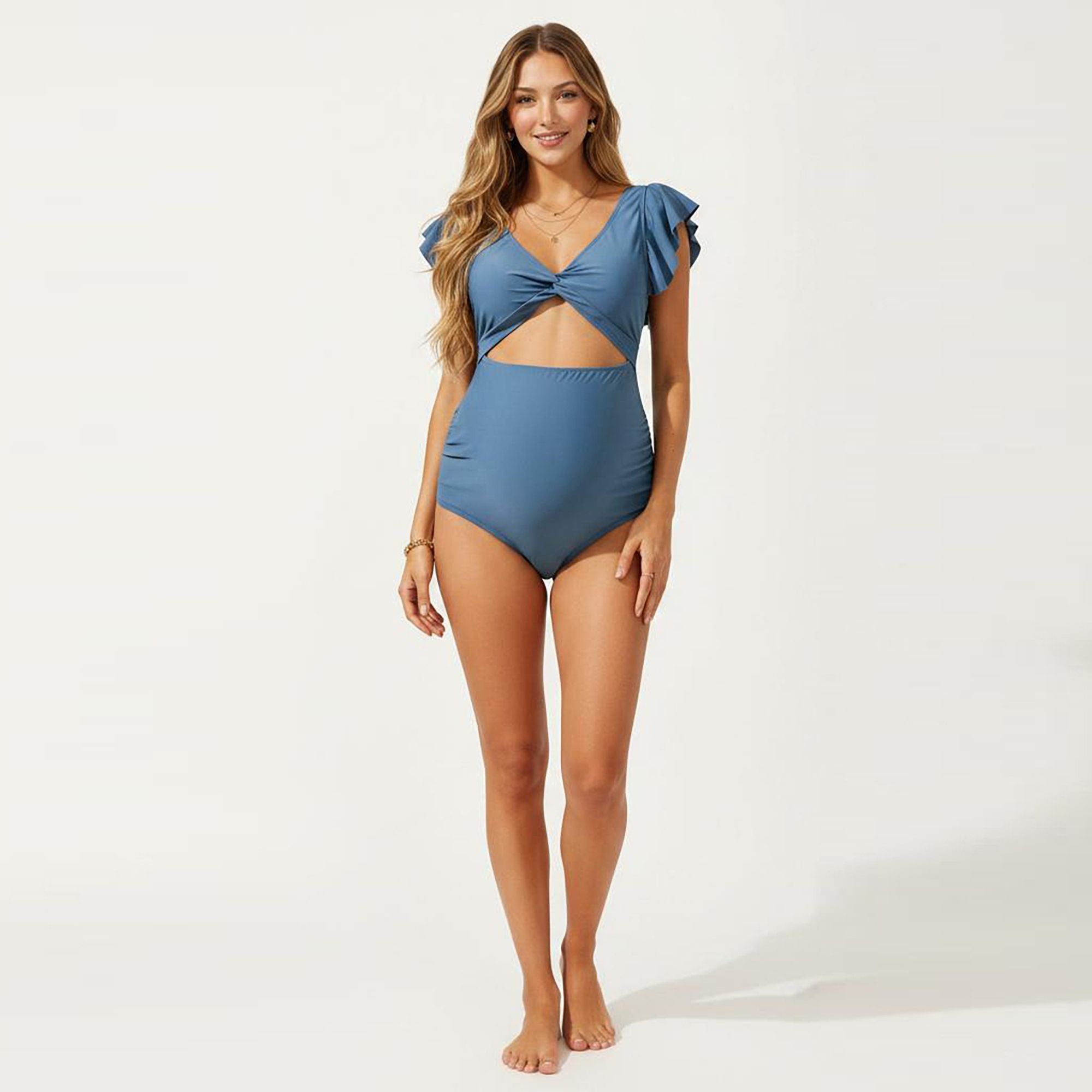 Anna-Kaci Swim Women's Maternity One-Piece Swimsuit with Ruffle Sleeves and Twist Front Detail