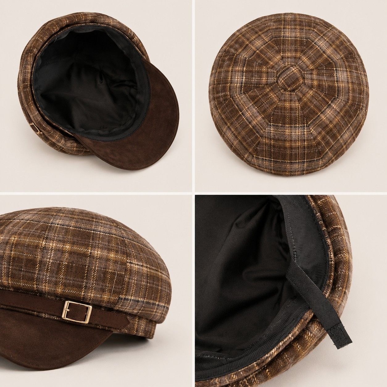 Plaid Newsboy Cap Vintage Baker Boy Hat Adjustable Buckle Band