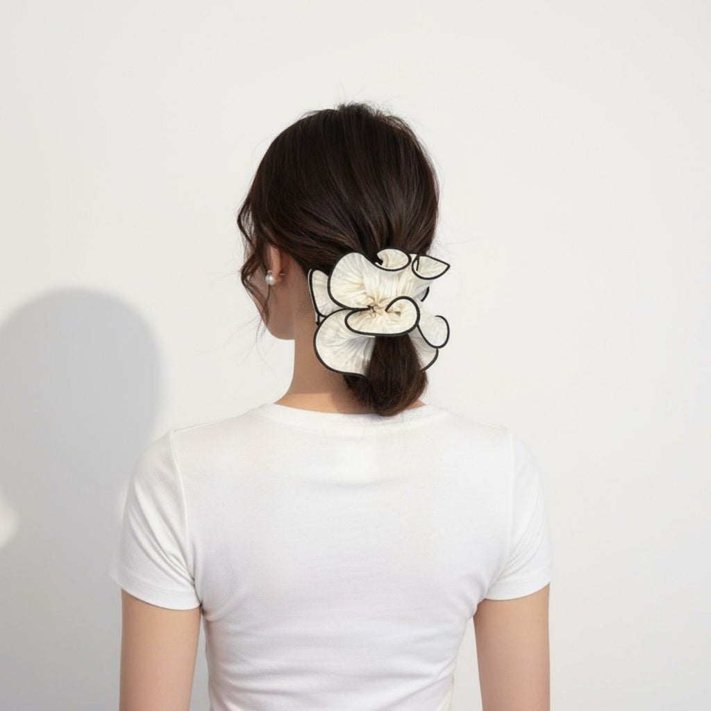 Anna-Kaci 2pcs Pleated Organza Hair Scrunchie with Contrast Trim and Voluminous Ruffled Design