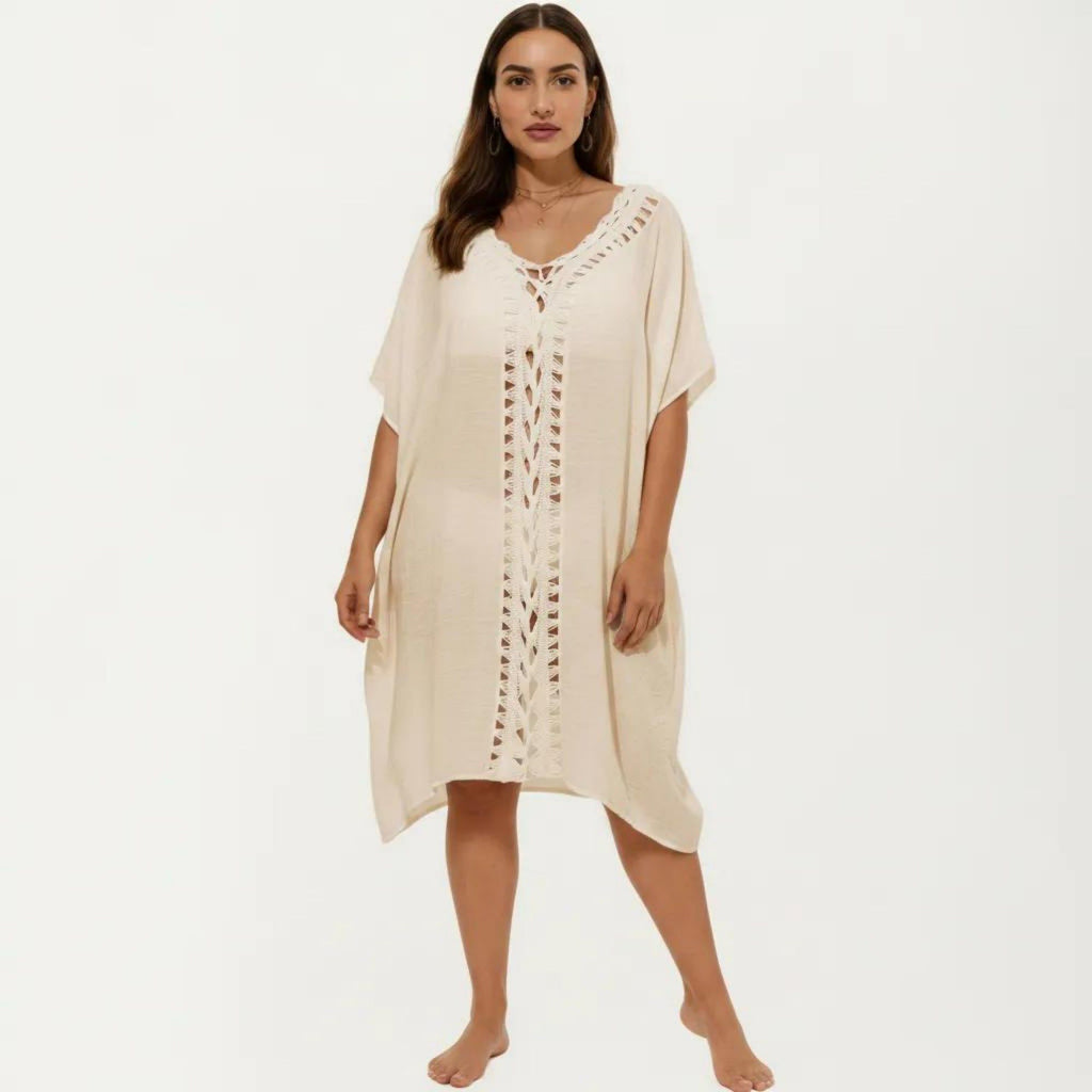 Anna-Kaci Women's Swim Cover Up Kaftan Dress with Crochet Cutout Trim Loose Short Sleeves Relaxed Midi Fit