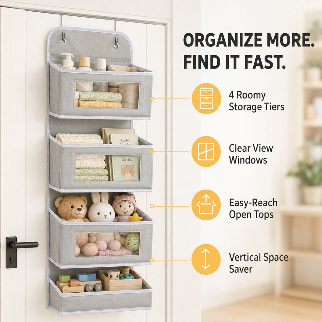 4 Tier Hanging Storage Organizer with Clear Window Pockets for Door Wall or Closet