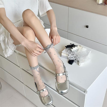 Anna-Kaci Women's Sheer Polka Dot Ankle Socks with Bow Detail 6pk