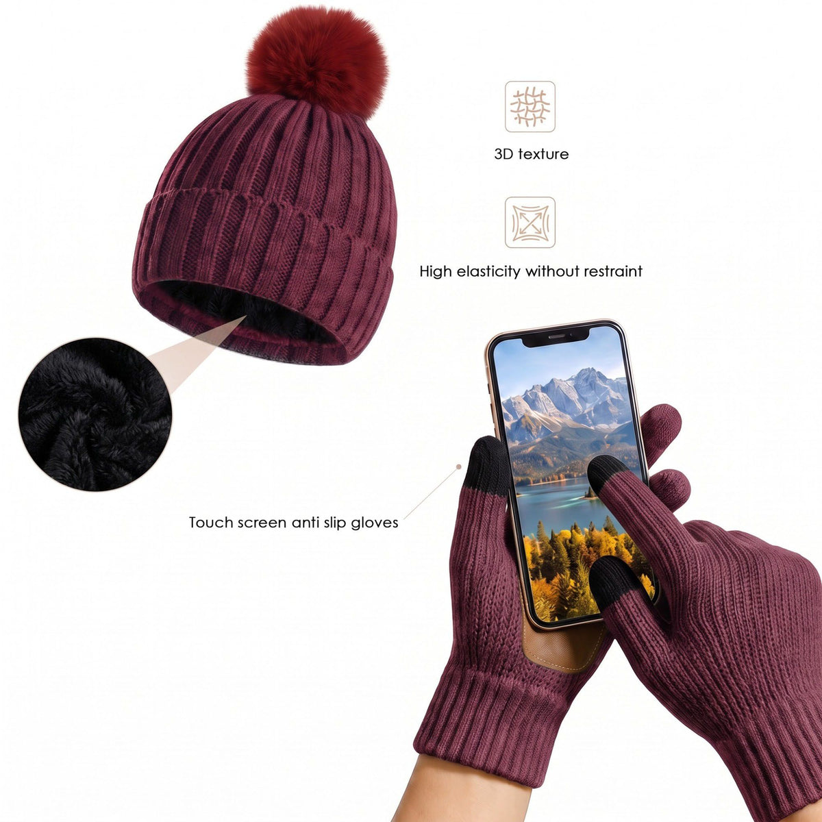 3 Piece Pom Beanie Scarf and Touchscreen Gloves Winter Set