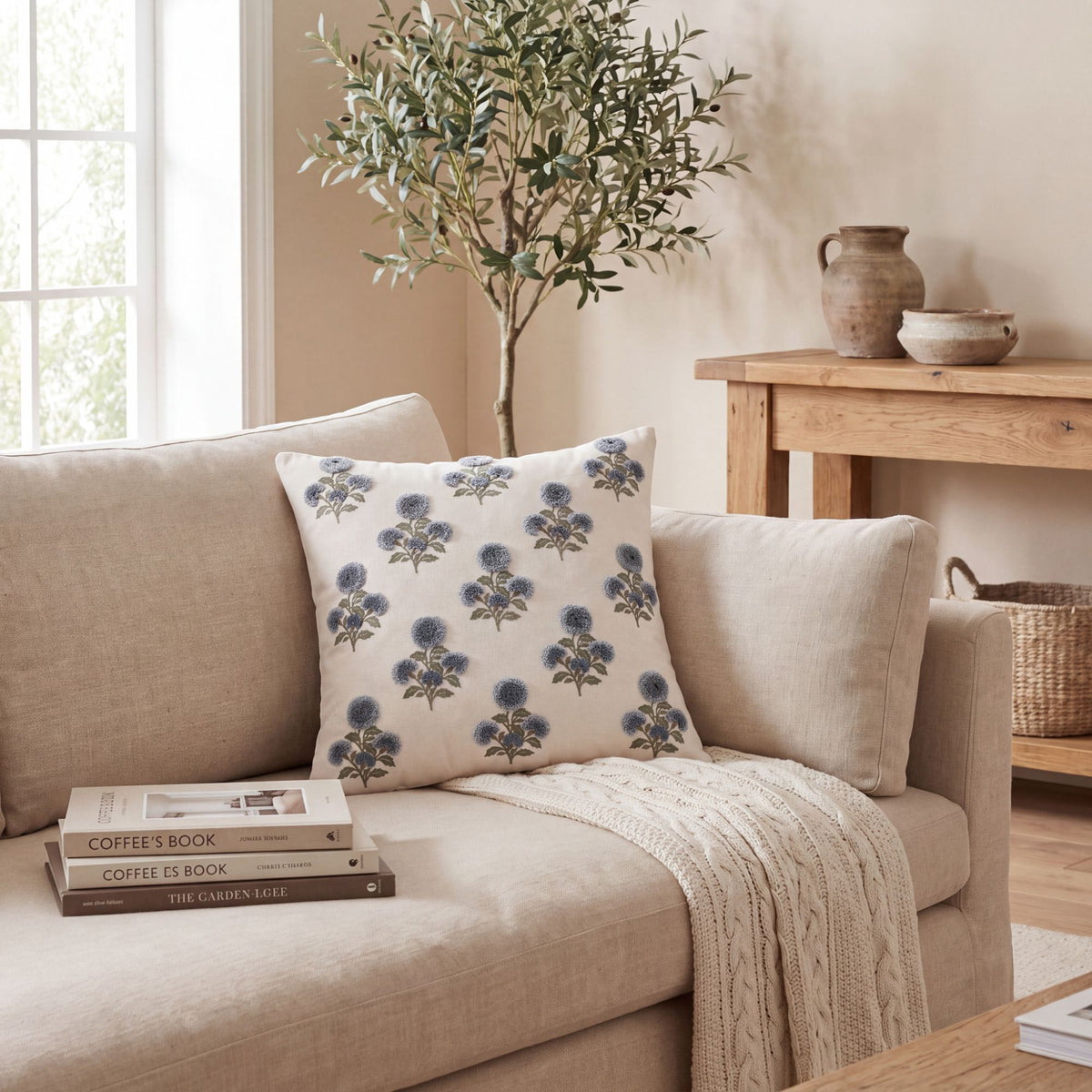 Square Floral Embroidered Throw Pillow Cover Textured Botanical Cushion