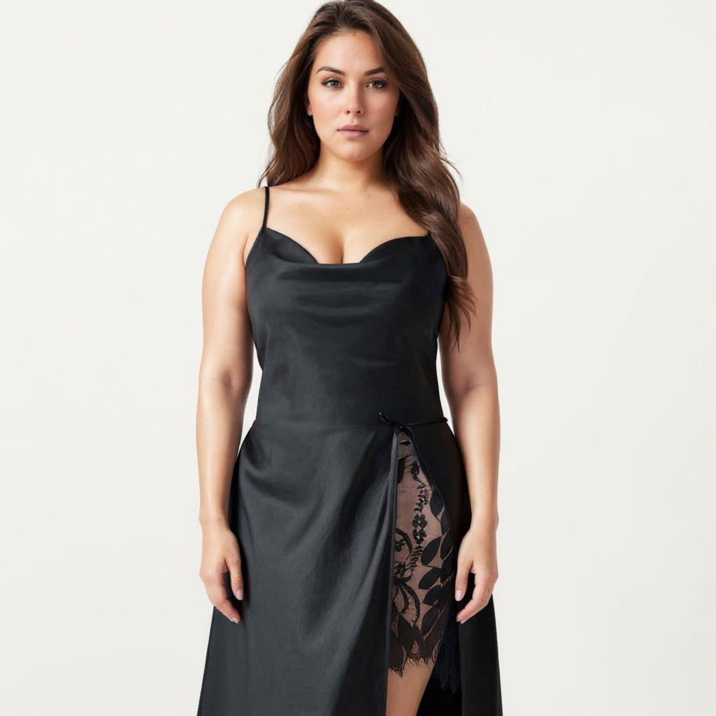 Anna-Kaci Lounge Women's Plus Size Satin Wrap Nightgown with Lace Trim Adjustable Spaghetti Straps Side Tie Midi Length Sleepwear Dress