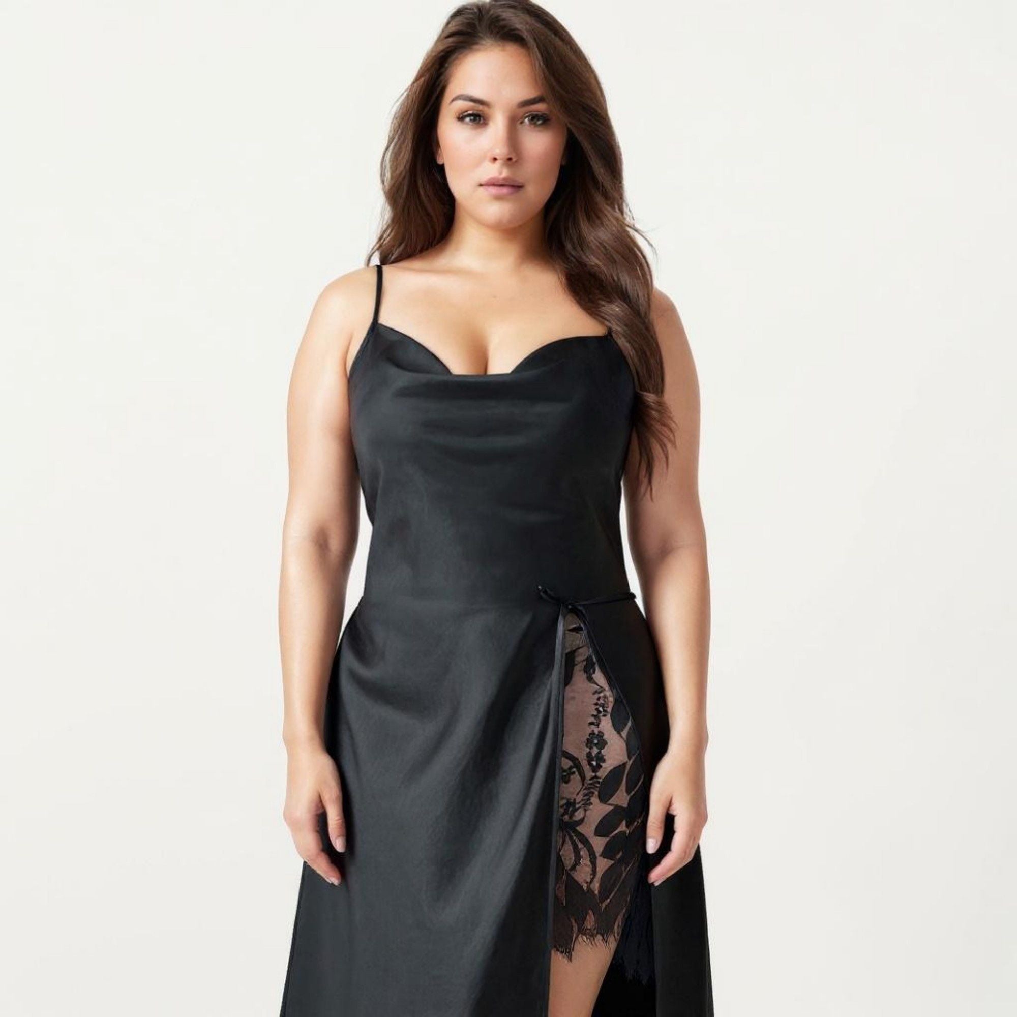 Anna-Kaci Lounge Women's Plus Size Satin Wrap Nightgown with Lace Trim Adjustable Spaghetti Straps Side Tie Midi Length Sleepwear Dress