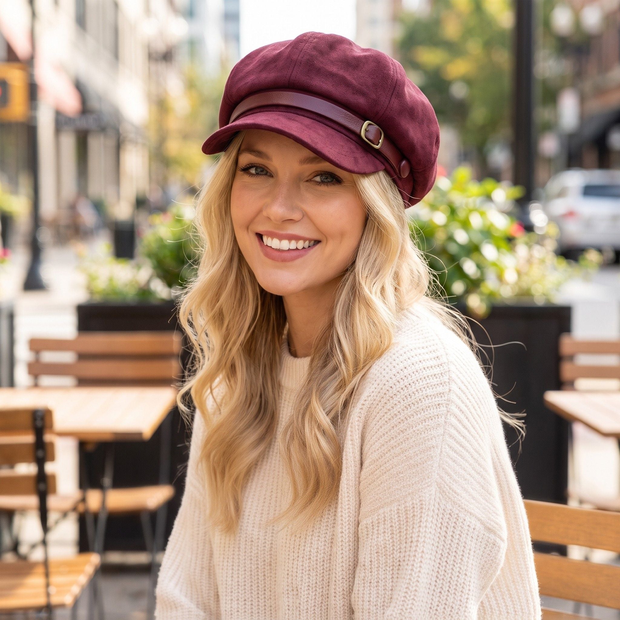 Faux Suede Baker Boy Cap with Buckle Band Vintage Newsboy Style Hat