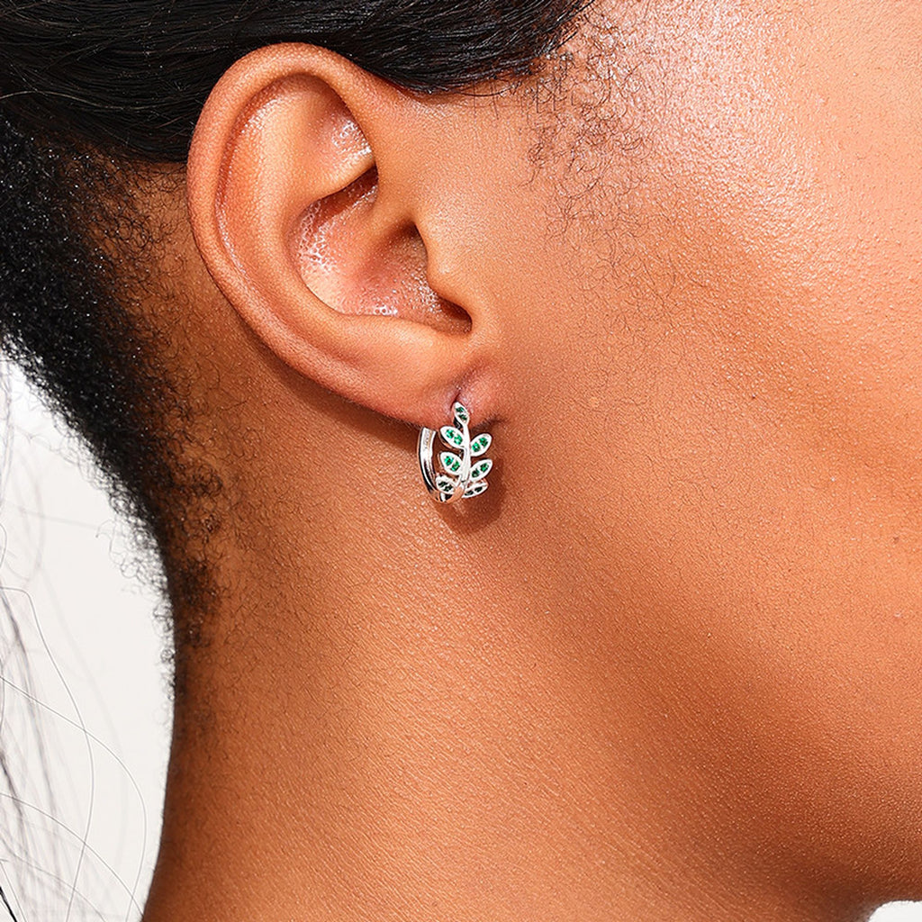 Women's Leaf - Shaped Hoop Earrings with Green Crystals