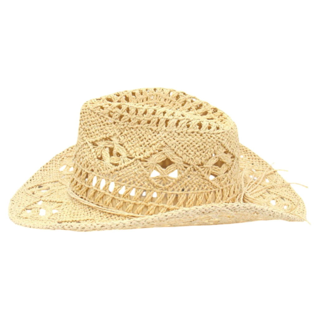 Open Weave Western Sun Hat with Wide Brim and Boho Floral Pattern