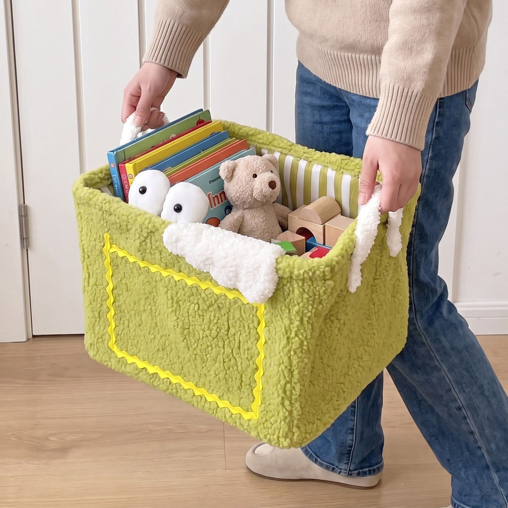 Kids Plush Storage Basket with Handles and Front Pocket