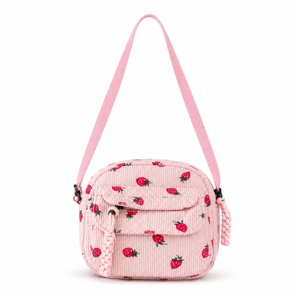 Strawberry Print Corduroy Crossbody Bag with Front Pocket and Adjustable Strap