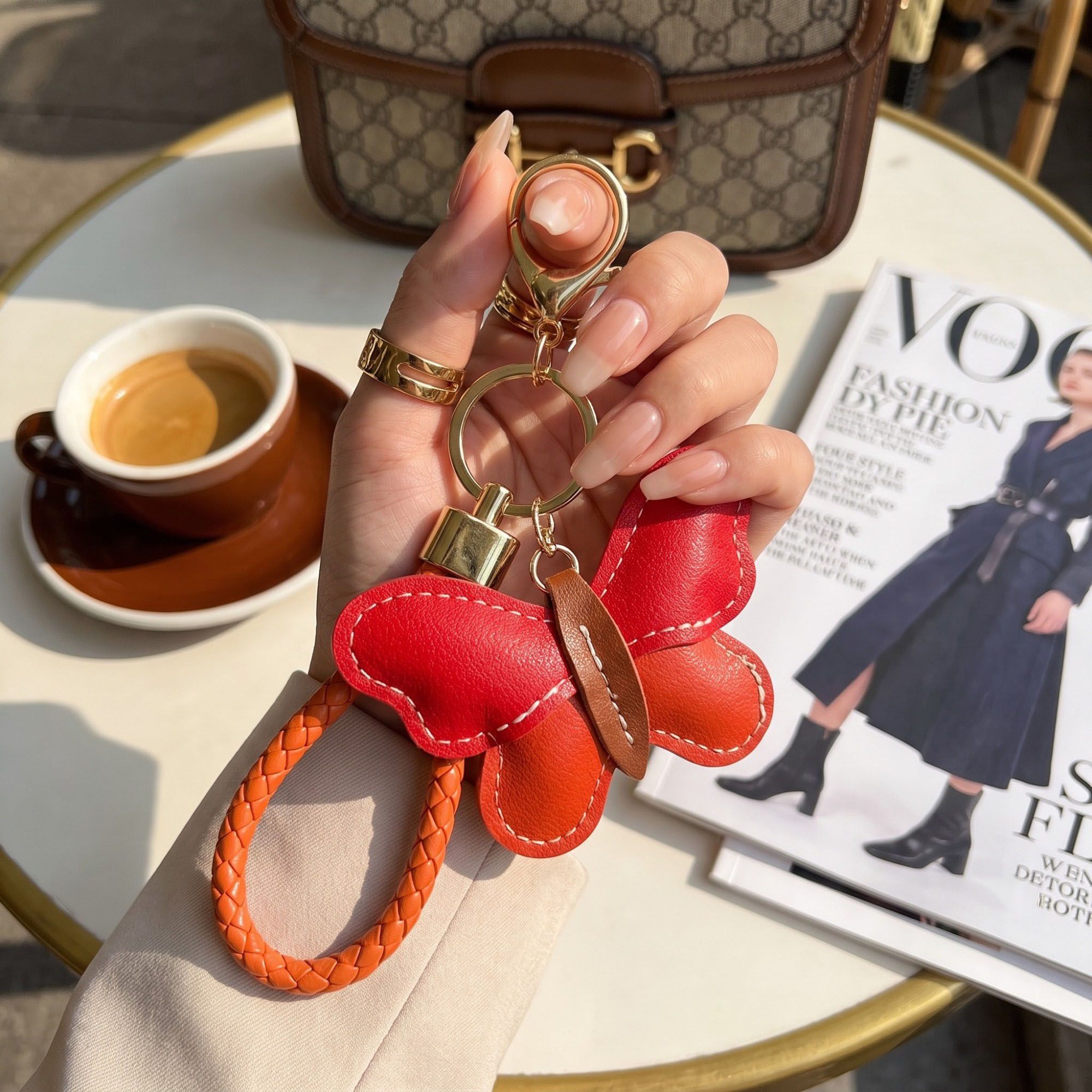 2-Piece Womens Faux Leather Bag Charm Keychain with Braided Wrist Strap and Gold Tone Ring
