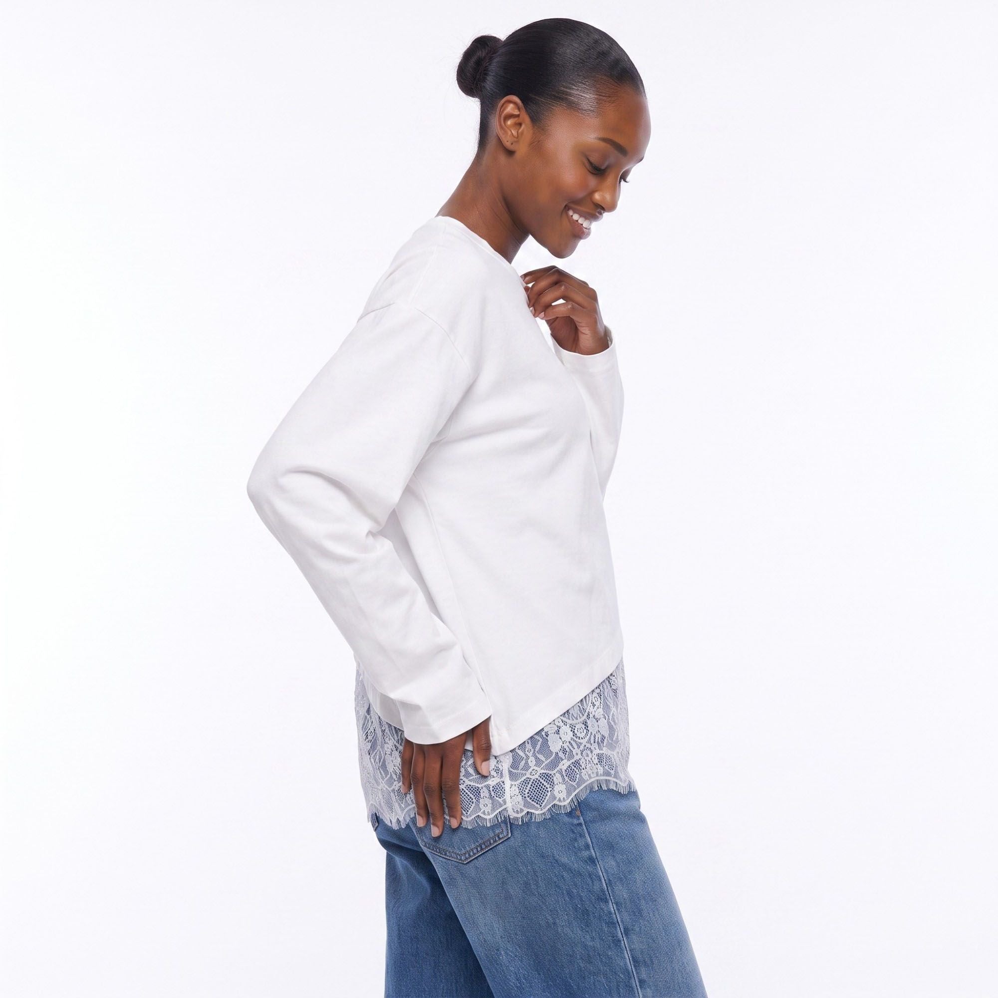 Asymmetrical Lace Hem Long Sleeve Top