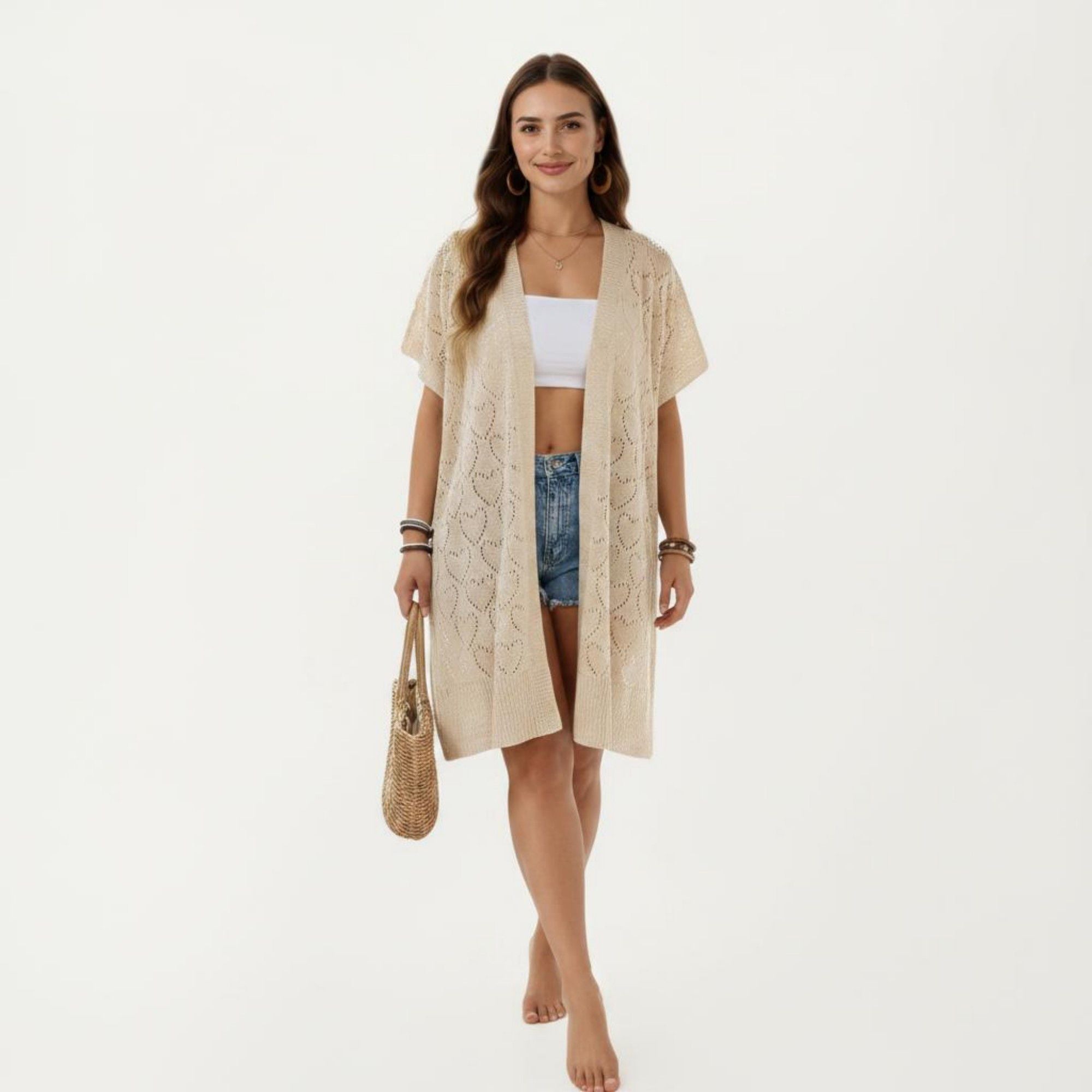Anna-Kaci Women's Open Front Knit Cardigan with Heart Pointelle Pattern Short Sleeves Relaxed Mid Length Fit
