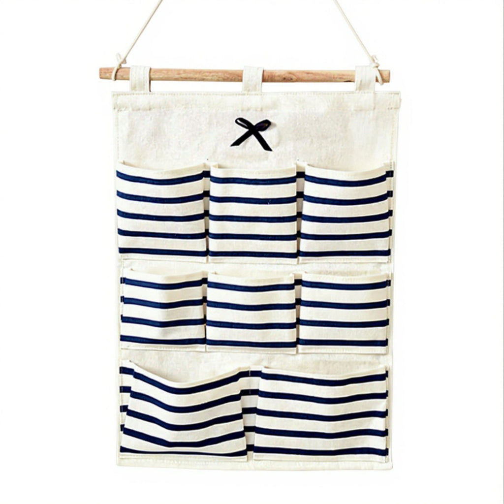 Hanging Wall Organizer with Navy Striped Pockets and Wooden Hanger 19.3x13.5 in
