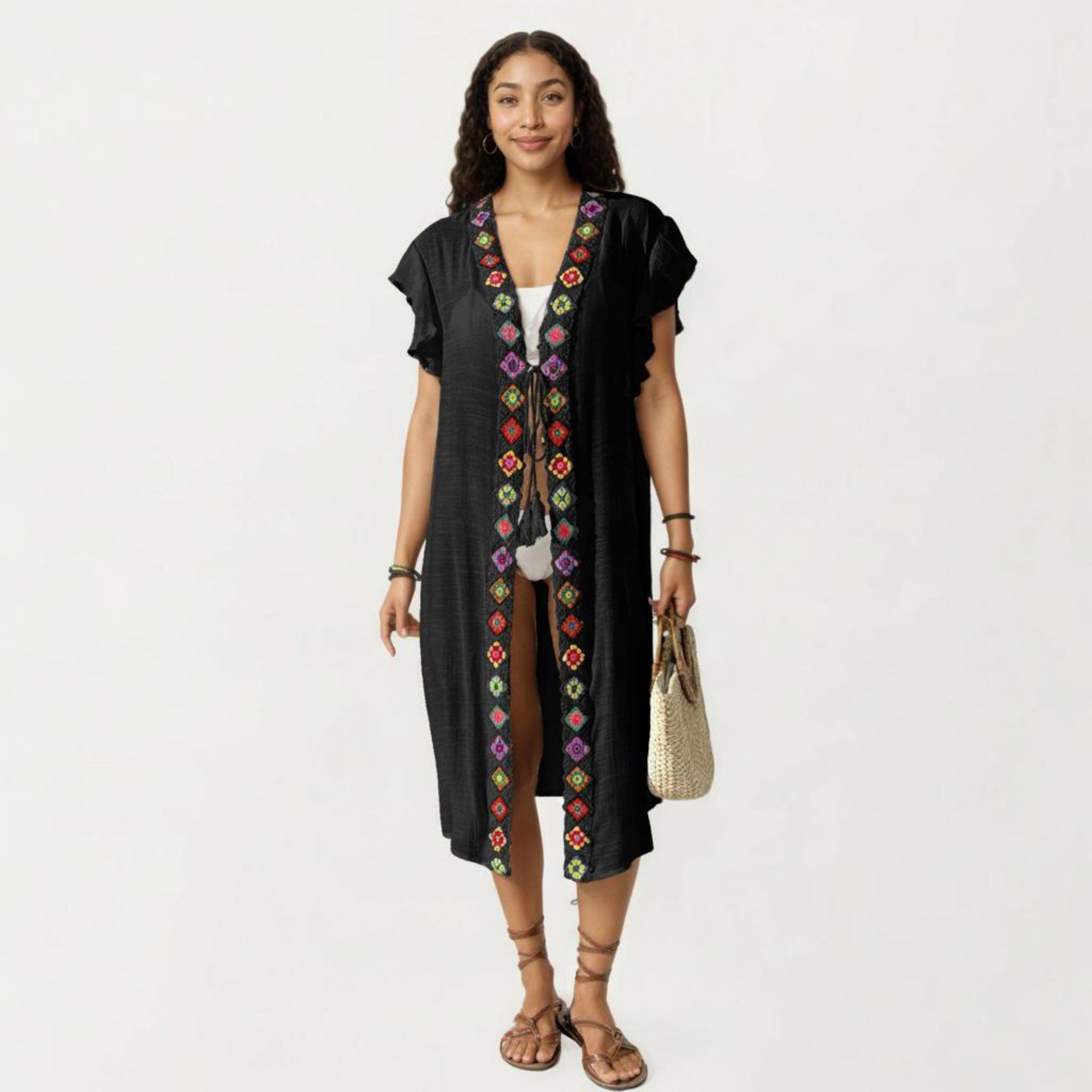 Anna-Kaci Women's Embroidered Open Front Swim Cover Up Kimono Midi Beach Cardigan with Tassel Tie Detail
