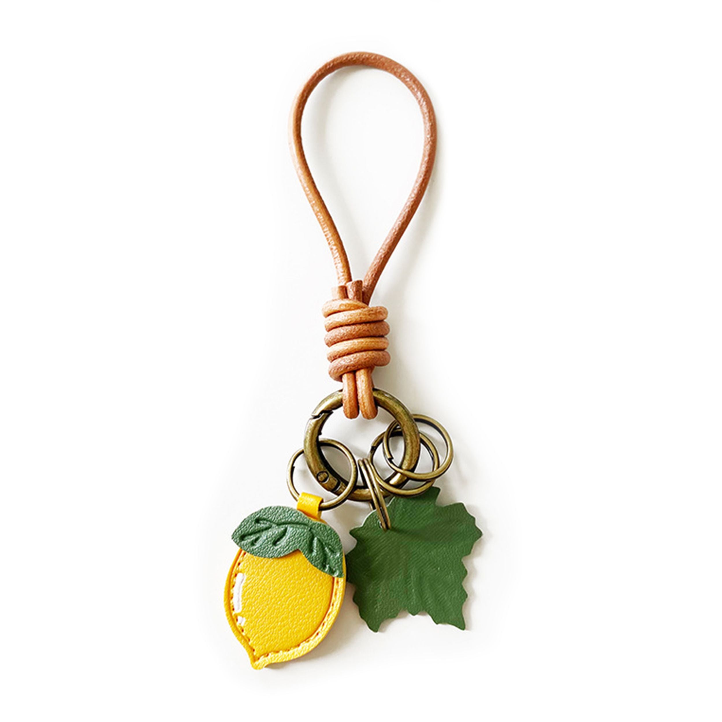 Vintage Fruit Bag Charm Keychain with Leather Cord Loop Leaf Accent and Key Rings