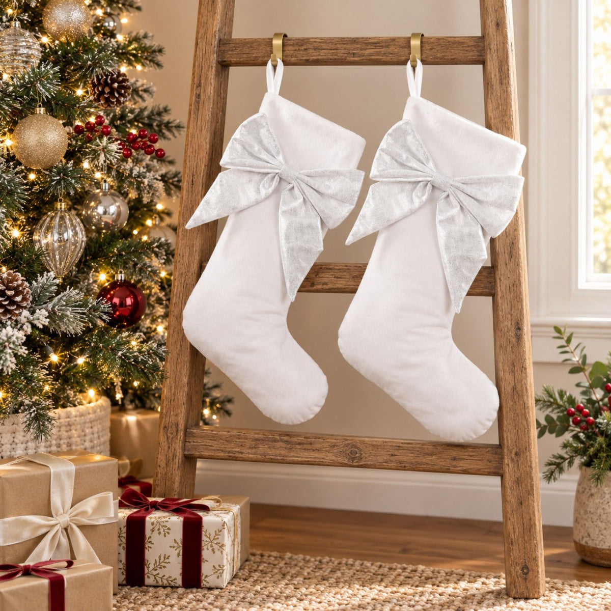 2 Pack 18 Inch Christmas Stockings with Oversized Bow Hanging Loop Holiday Mantel Decor