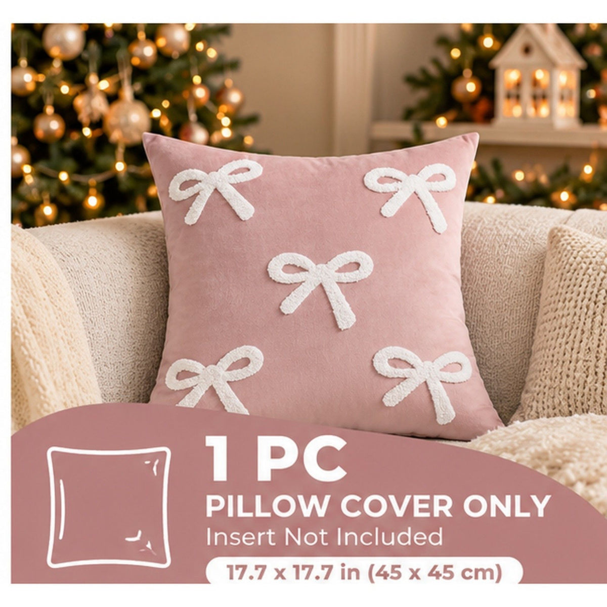 1 Piece Decorative Bow Throw Pillow Cover Soft Velvet Christmas Accent 18 x 18 Inch