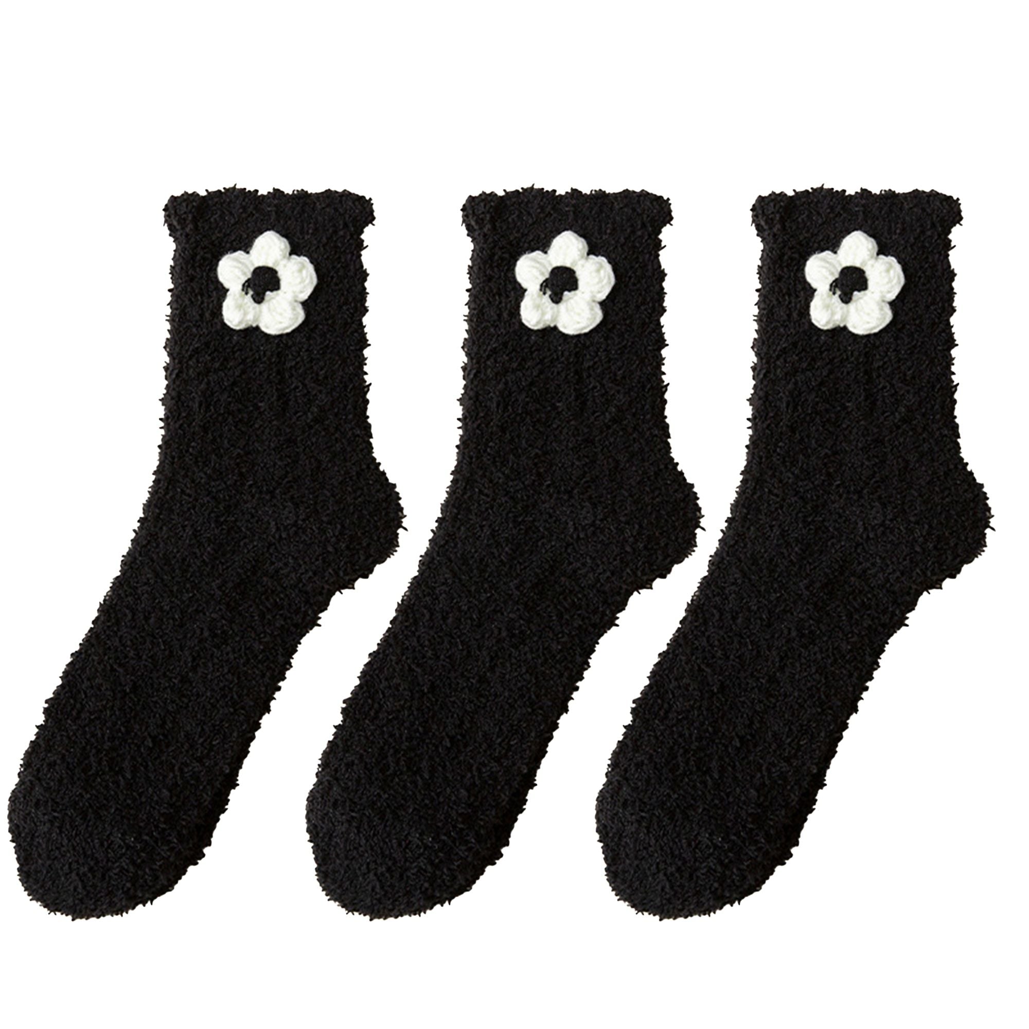 Anna-Kaci 3-Pair Plush Fuzzy Socks with Crochet Flower Detail for Cozy Indoor Wear