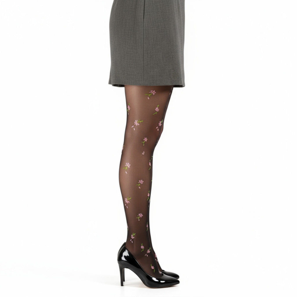 Anna-Kaci Women's Sheer Floral Embroidered Tights with Delicate Blossom Pattern and Stretch Fit