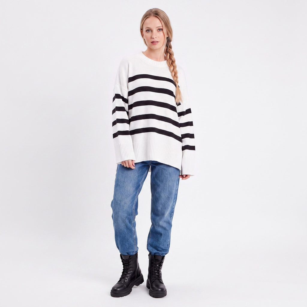 Oversized Striped Crewneck Side Slit Tunic Sweater