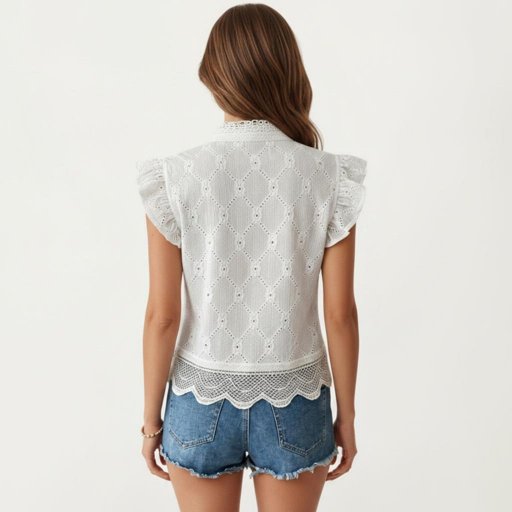Anna-Kaci Women's Sleeveless Button Front Eyelet Top with Ruffle Shoulders and Scalloped Hem