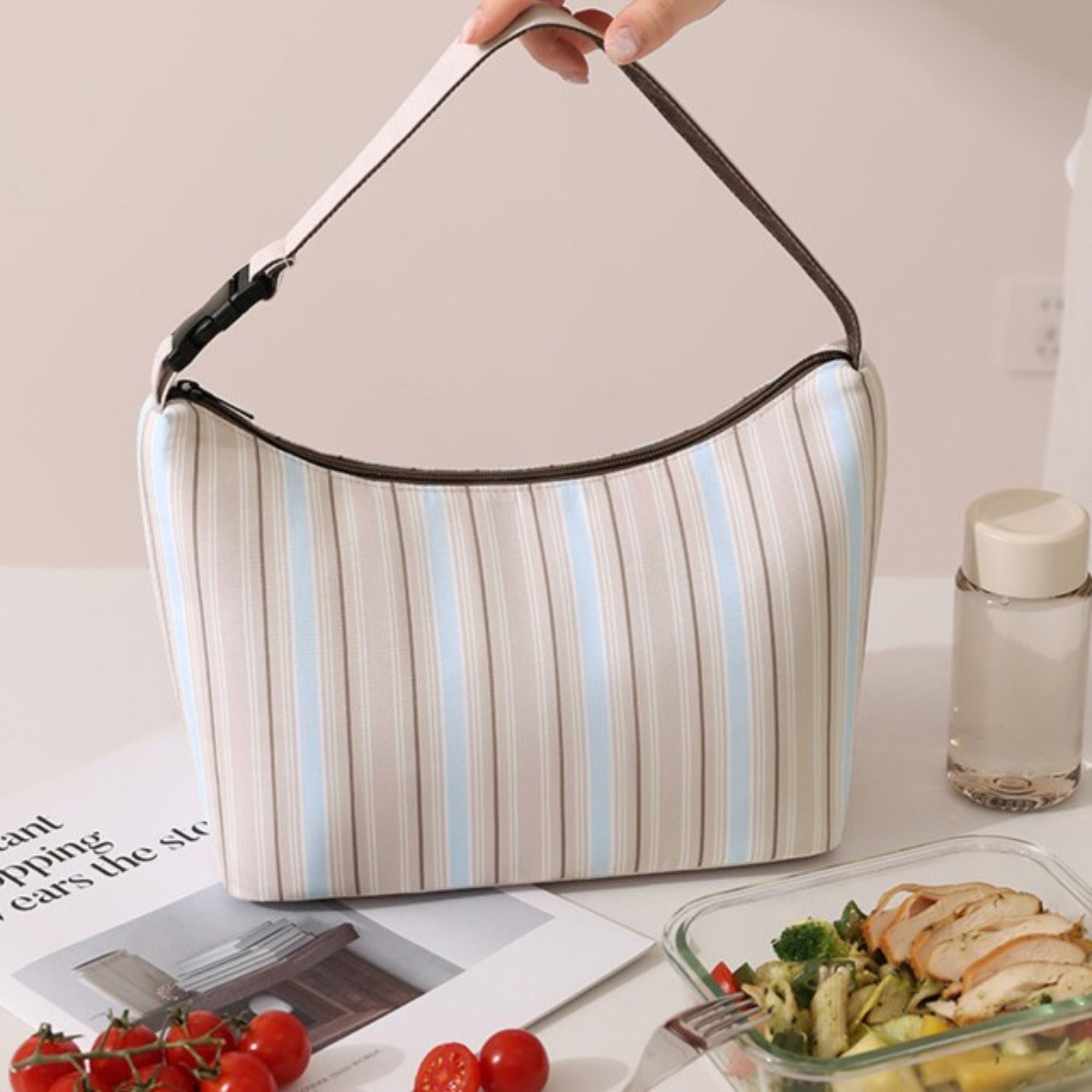Striped Insulated Lunch Bag Large Capacity Lunch Tote with Shoulder Strap for Work School