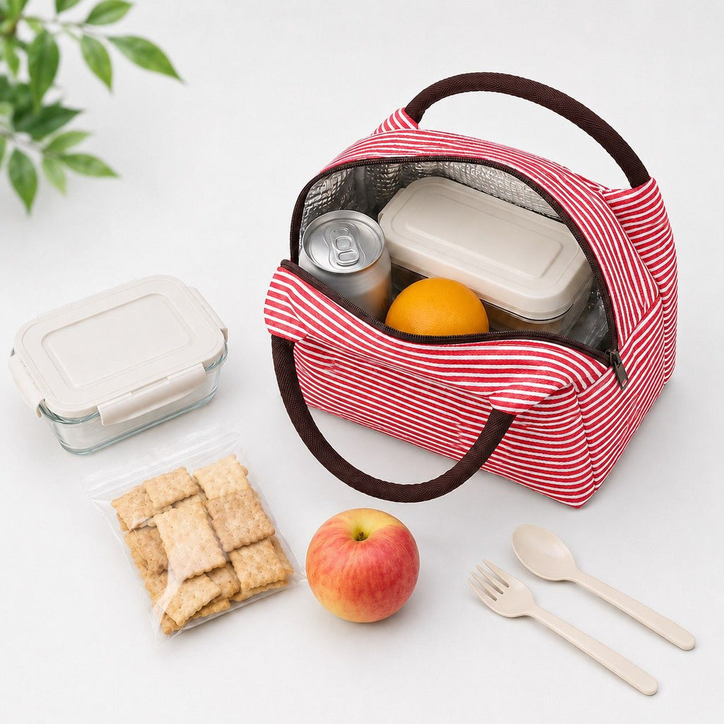 Insulated Striped Lunch Bag Reusable Soft Cooler Tote for Work School Picnic